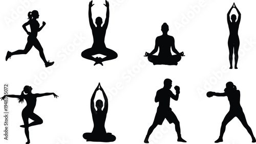 Vector collection of black fitness silhouettes featuring athletes running, practicing yoga poses, meditating, boxing, and dancing, isolated on a clean white background for sports branding.