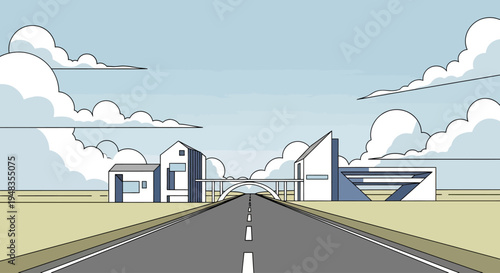 A minimalist depiction of a highway leading to modern buildings under a sky filled with clouds
