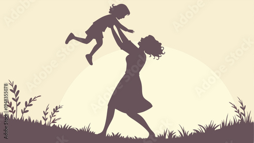 Silhouette of woman lifting little girl in air on sunny day outdoors in field with grass