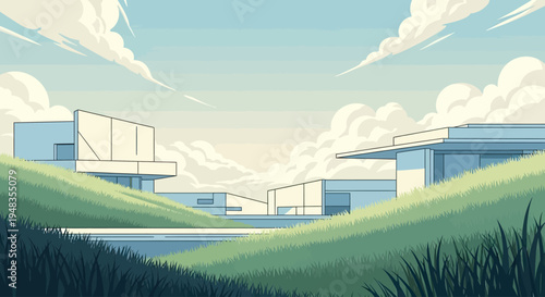 Modern buildings nestled in rolling green hills with a serene sky