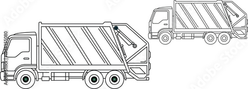 Garbage collection truck outline illustration, waste management vehicle for city sanitation service, industrial transport vector design isolated