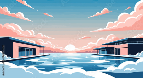 Modern minimalist villas flank a tranquil pool reflecting a pastel sunset sky