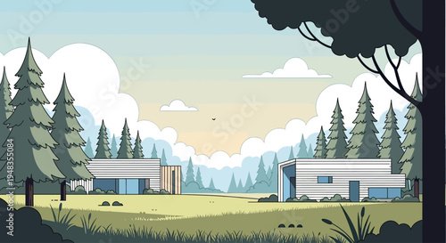 Geometric modern homes nestled within a serene forest landscape under a soft sky