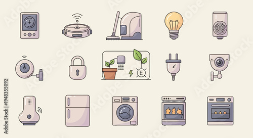 A collection of illustrated icons depicting various smart home devices