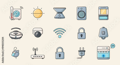 Smart home device icons thermometer, sun, speaker, camera, vacuum, Wi-Fi, lock, bell, router, plug
