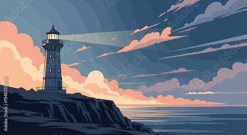A solitary lighthouse illuminates the dusk, casting its beam over a calm sea