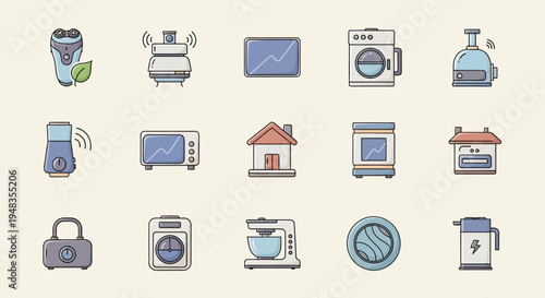 Assortment of stylized home appliances and gadgets in a playful, flat design