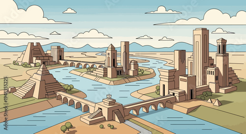 Ancient city with pyramids and towers on riverbanks, connected by bridges