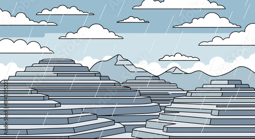 Stair-like hills under a cloudy, rainy sky