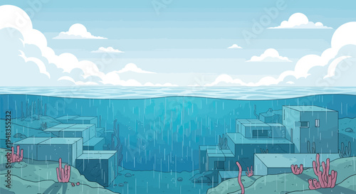 Submerged geometric structures under a cloudy sky with falling rain