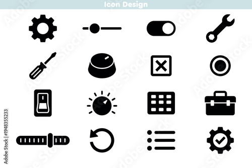 Set of icons including solid interface controls and utility symbols. Glyph icons for hardware tools, toggle switches, knobs, and menus. Functional system adjustment set vector design.