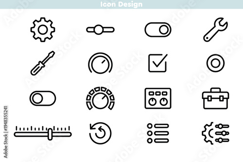 Set of icons displaying outline system settings and control interface. Linear symbols for sliders, switches, tools, and configurations. Modern software dashboard elements vector design.