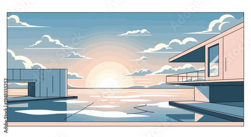 Modern waterfront villas bathed in the soft glow of a setting sun