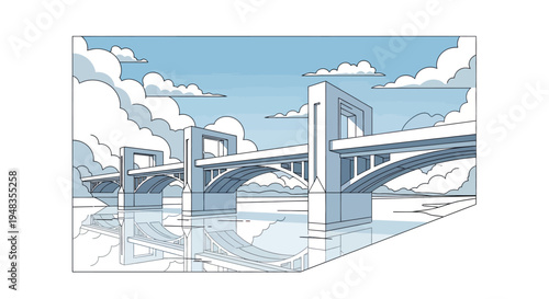 Two modern concrete bridges arch over water with reflections, under a cloudy blue sky