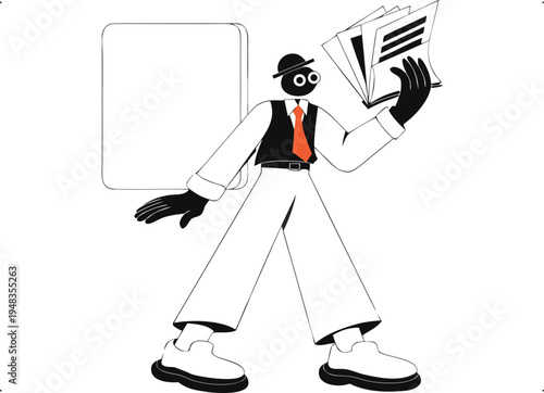 Cartoon News Announcer Holding Newspaper with Blank Sign isolated on transparent background