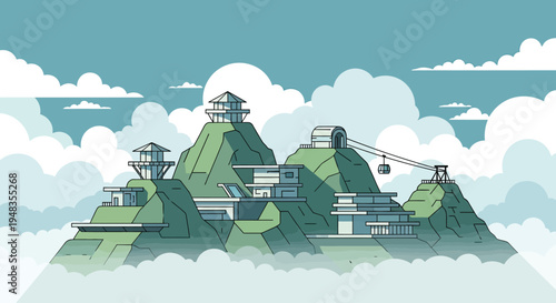 Futuristic mountain dwellings and cable car ascend into a cloudy sky