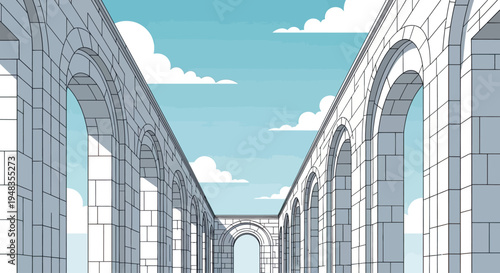 White stone arches create a symmetrical pathway against a bright blue sky with clouds