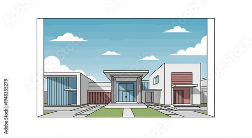 Modern minimalist architecture with a prominent entrance, blue sky, and clouds