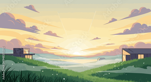 Verdant hills meet a pastel sunset over modern homes and distant fields