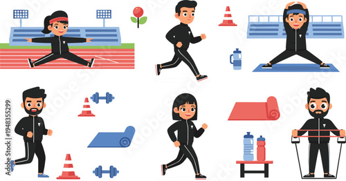 Active Lifestyle Illustration Set with Characters Running, Exercising, and Using Workout Equipment in Sporty Outfits
