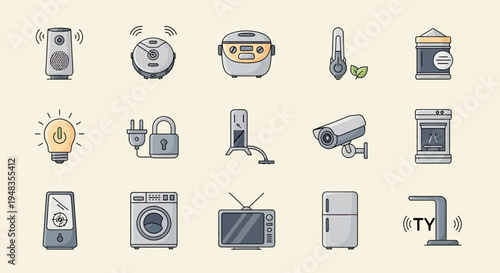 A collection of illustrated smart home appliances and devices