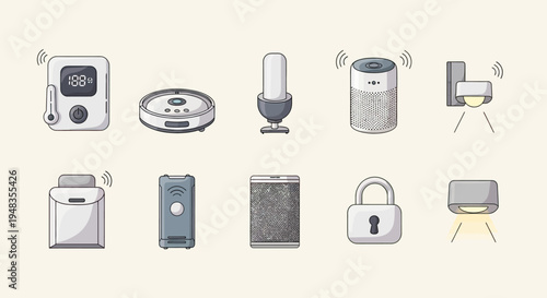 Collection of smart home devices thermometer, robot vacuum, microphone, speaker, lights, lock, gate