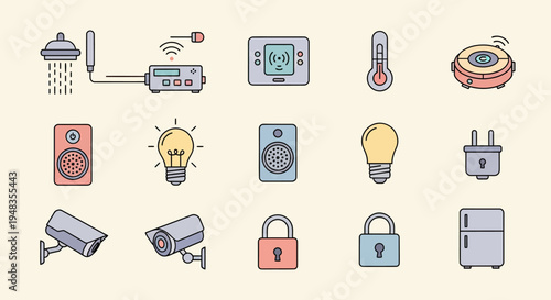 Flat icons representing smart home devices and appliances