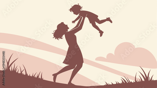 Mother lifting little child up in air on sunny hillside with clouds