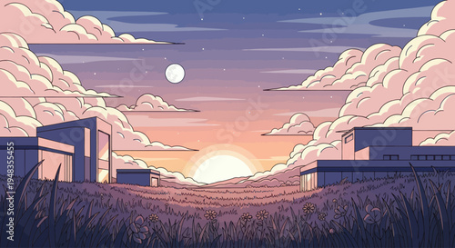 Sunset over fields with modern buildings and fluffy clouds