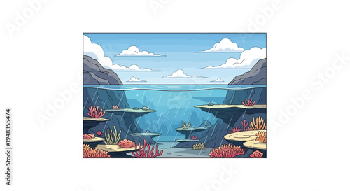 Beneath the waves, a colorful coral reef thrives amidst rocky outcrops and blue skies