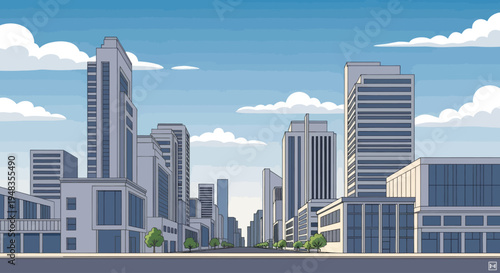 A clear blue sky with fluffy clouds above a stylized cityscape of tall buildings