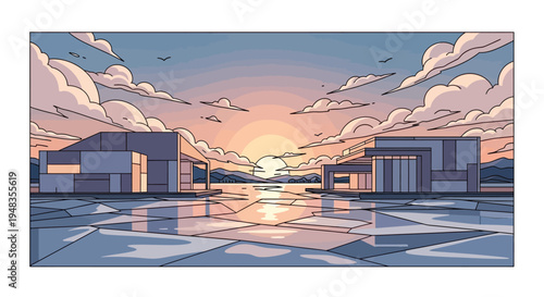 Modern buildings flank a frozen lake at sunset, with a vibrant sky