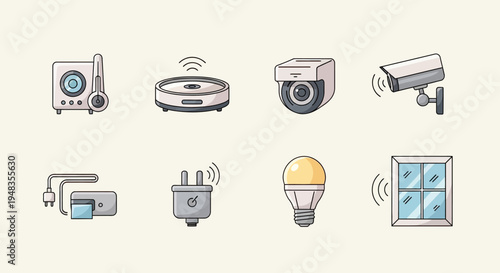 Collection of smart home devices, including a speaker, robot vacuum, cameras, a smart plug, and a bulb