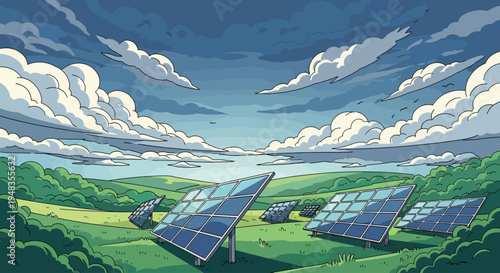 A sprawling field of solar panels under a cloudy blue sky