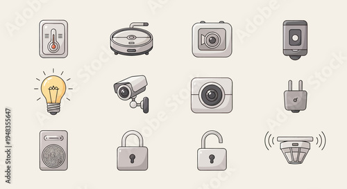 Collection of twelve diverse smart home device icons arranged in a grid