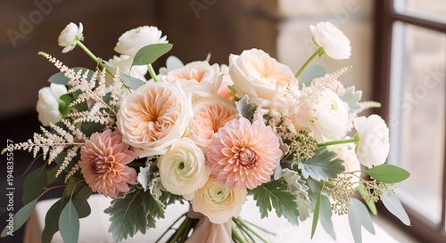 Elegant bridal bouquet featuring peach, pink, and white dahlias, ranunculus, and roses with lush green foliage, softly lit by a window.