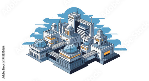 Futuristic isometric city with modern architecture and domed structures