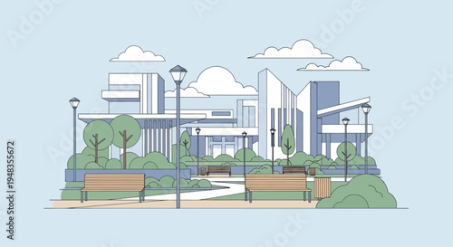 A modern architectural design set against a park with benches and trees