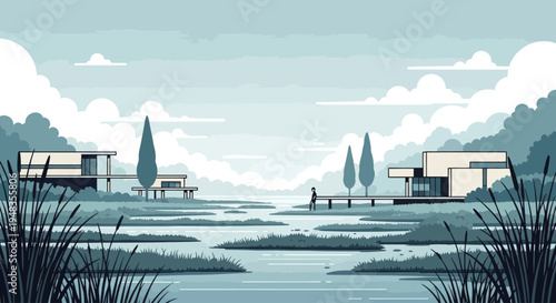 Minimalist modern homes on stilts beside a serene lake with reeds