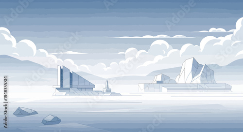 A minimalist, futuristic landscape with angular structures on an icy plain under a cloudy sky