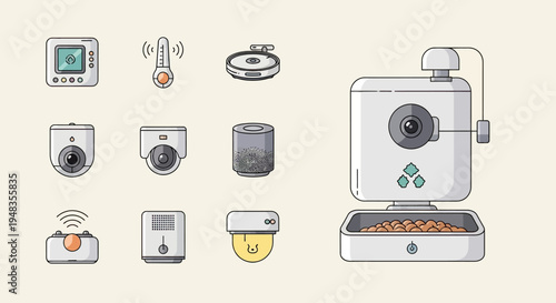 Diverse smart home devices collection with cameras, feeder, thermostat, and sensors