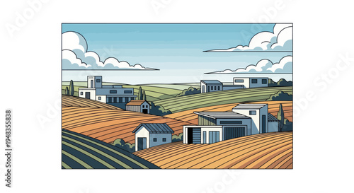 Geometric modern homes dot rolling hills and harvested fields under a cloudy sky