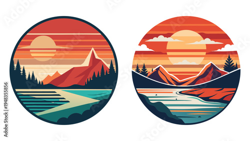 Vibrant circular icons of mountain landscapes with rivers and trees at sunset  serene natural scenery