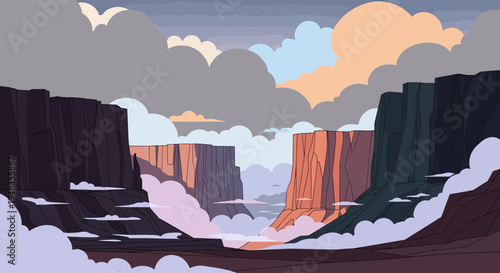 Vast canyon with dramatic layered clouds and sunlit cliffs