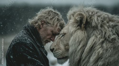 Wallpaper Mural Man Lion Bond Trust Forehead Touch Cinematic Portrait Winter Snow Interspecies Connection Emotional Torontodigital.ca