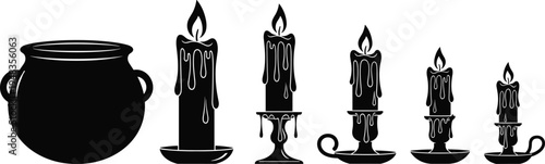 Halloween witch cauldron and melting candles silhouette set, spooky magic potion pot with dripping wax candles isolated on white background, dark fantasy theme