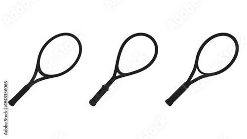 Three black tennis rackets with handles and oval heads side by side