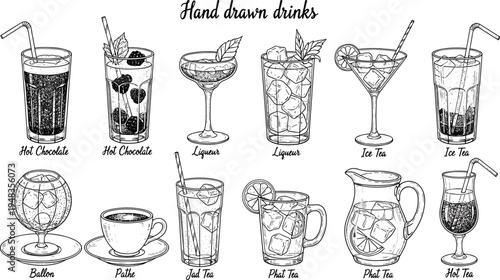 Hand drawn vector illustration collection of various drinks including hot chocolate, tea, cocktails, and coffee in vintage engraved sketch style isolated on white background.
