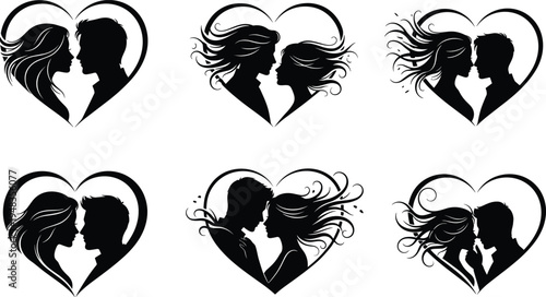 Vector collection of black romantic silhouettes featuring young couples in love facing each other inside heart shapes for Valentine's Day and wedding anniversary designs.