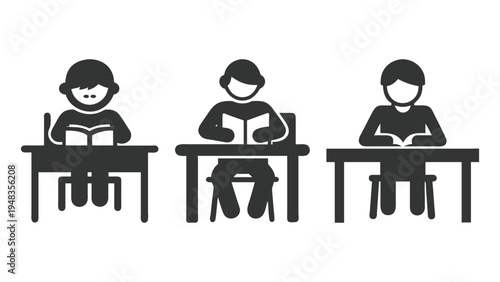 Three students sitting at desks reading books in a classroom setting every day
